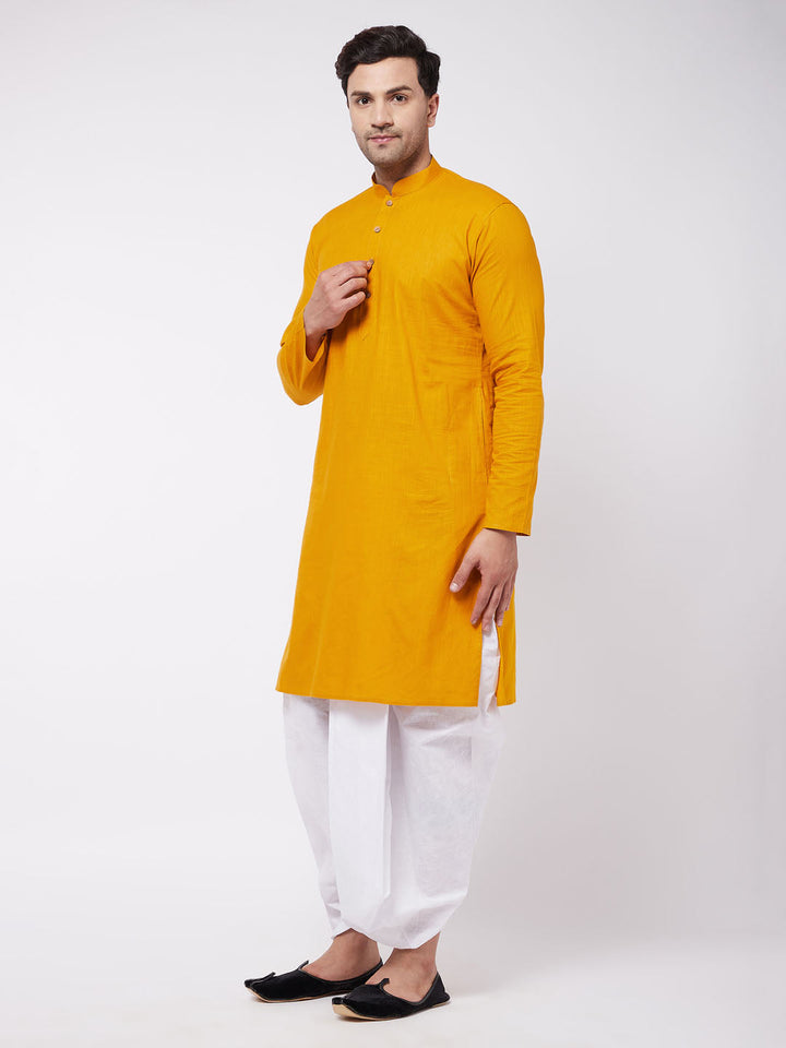 Sarvati Men's Mustard And White Cotton Blend Kurta And Dhoti Set