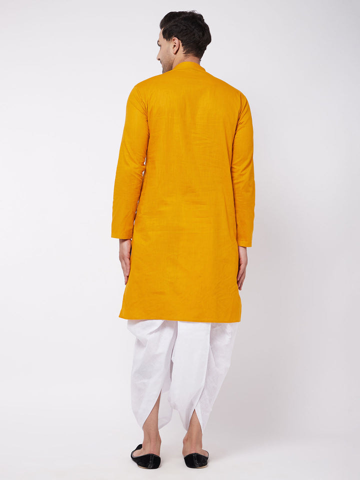 Sarvati Men's Mustard And White Cotton Blend Kurta And Dhoti Set