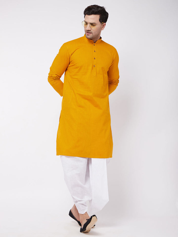 Sarvati Men's Mustard And White Cotton Blend Kurta And Dhoti Set