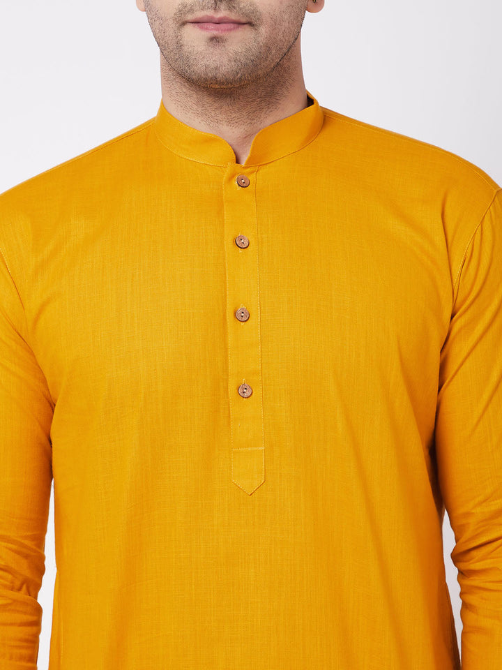 Sarvati Men's Mustard And White Solid Cotton Blend Kurta Pyjama Set