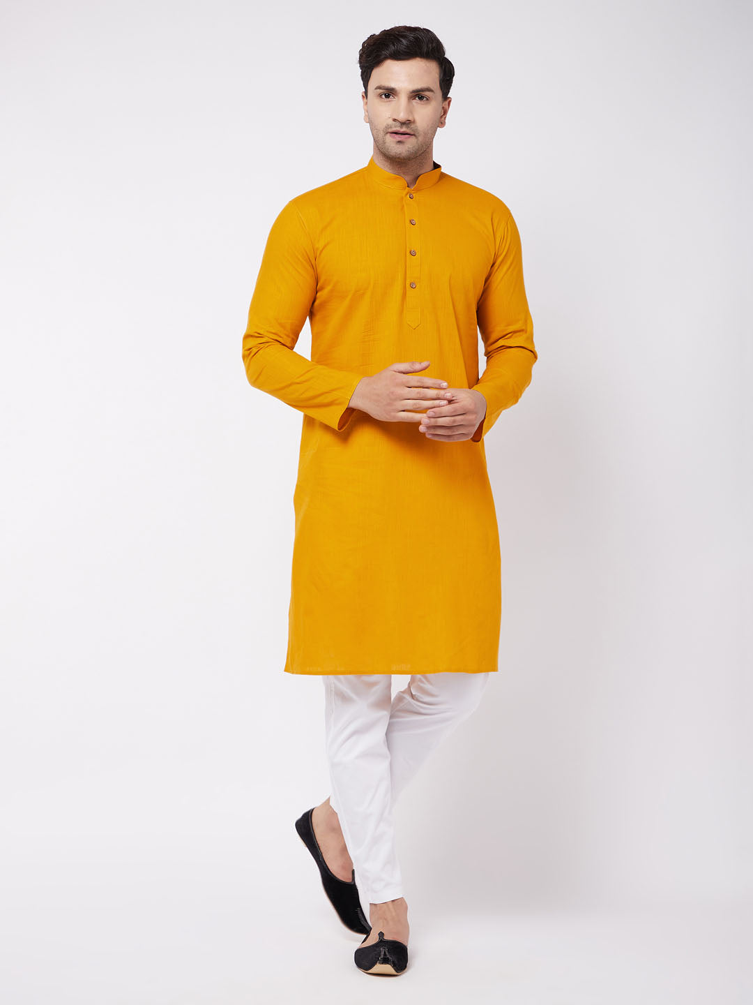 Sarvati Men's Mustard And White Solid Cotton Blend Kurta With Cotton Pant set