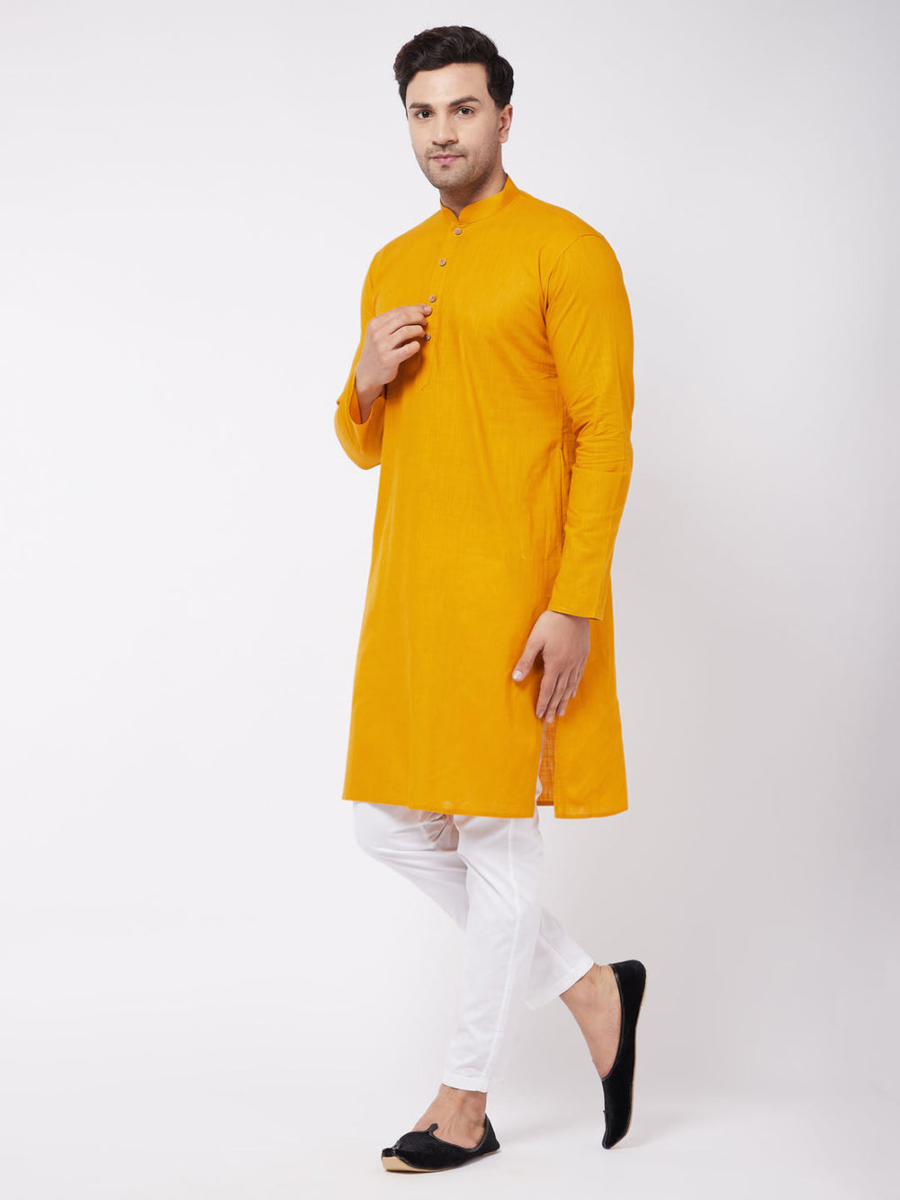 Sarvati Men's Mustard And White Solid Cotton Blend Kurta With Cotton Pant set