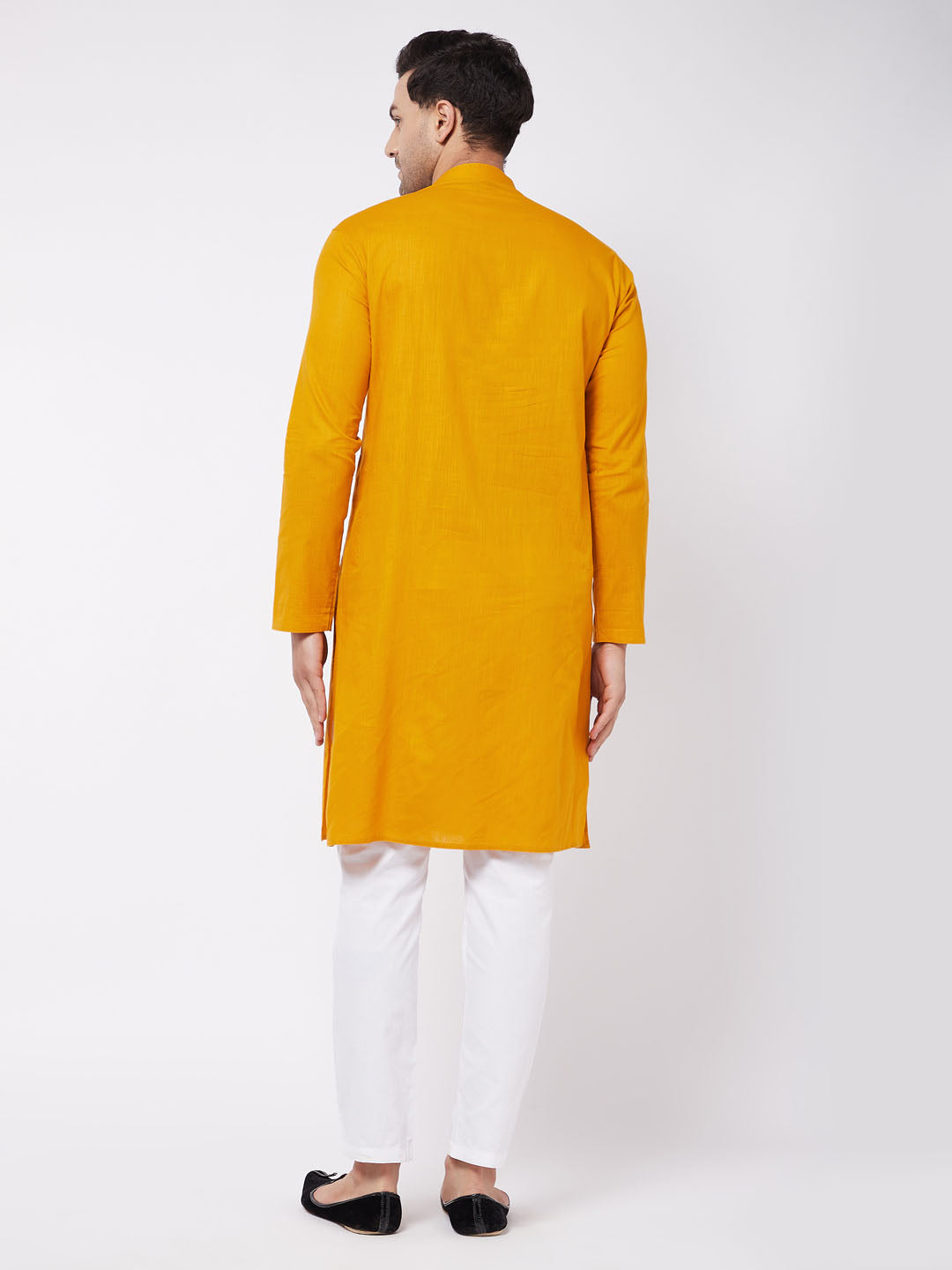 Sarvati Men's Mustard And White Solid Cotton Blend Kurta With Cotton Pant set