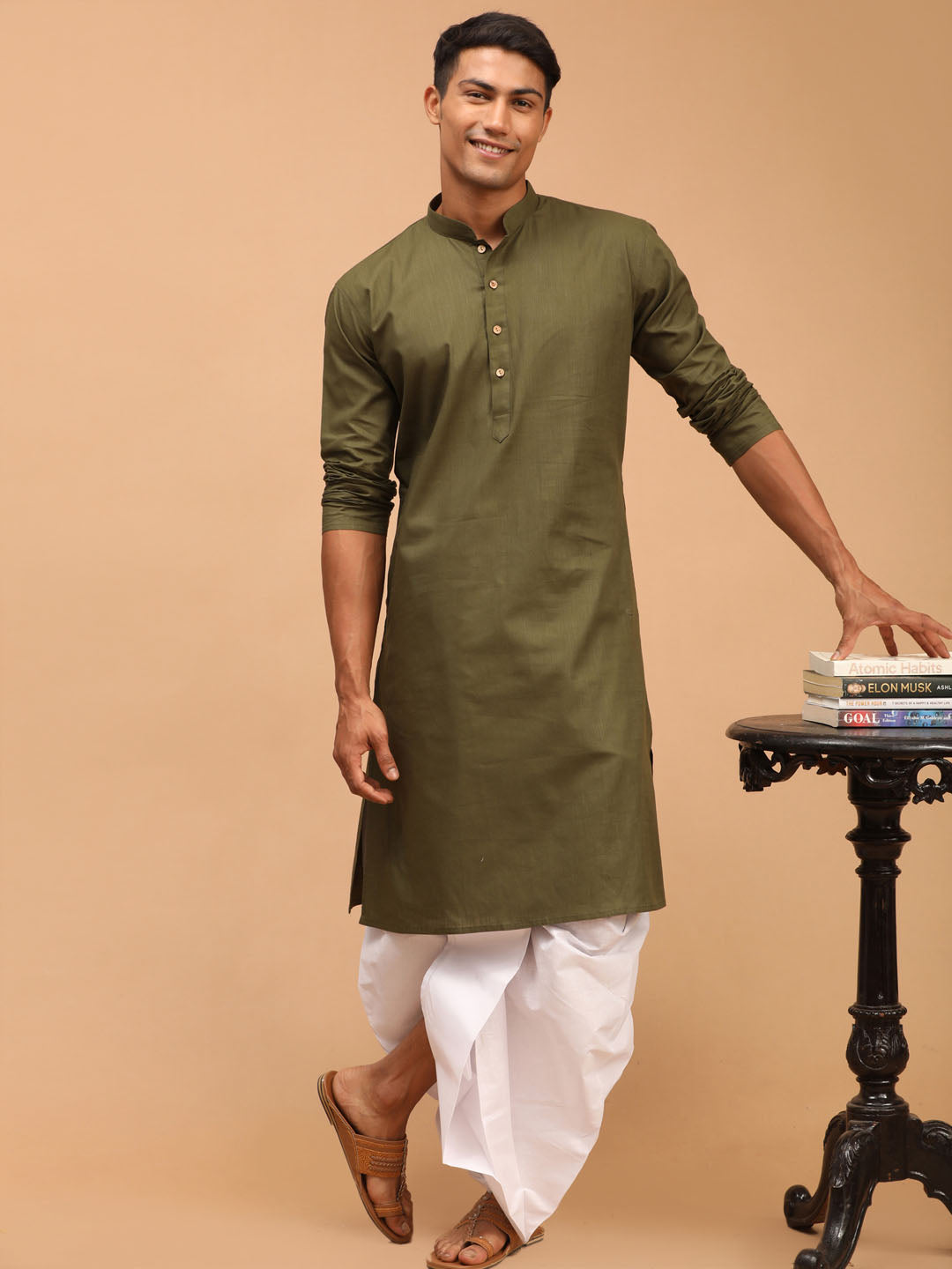 Sarvati Men's Mehdi Green Solid Cotton Blend Kurta And White Dhoti Set