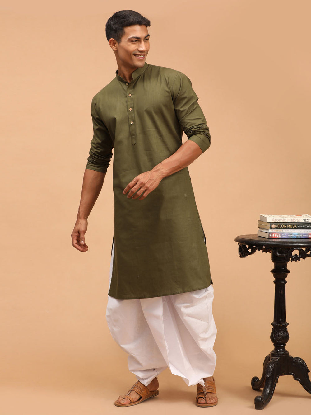 Sarvati Men's Mehdi Green Solid Cotton Blend Kurta And White Dhoti Set