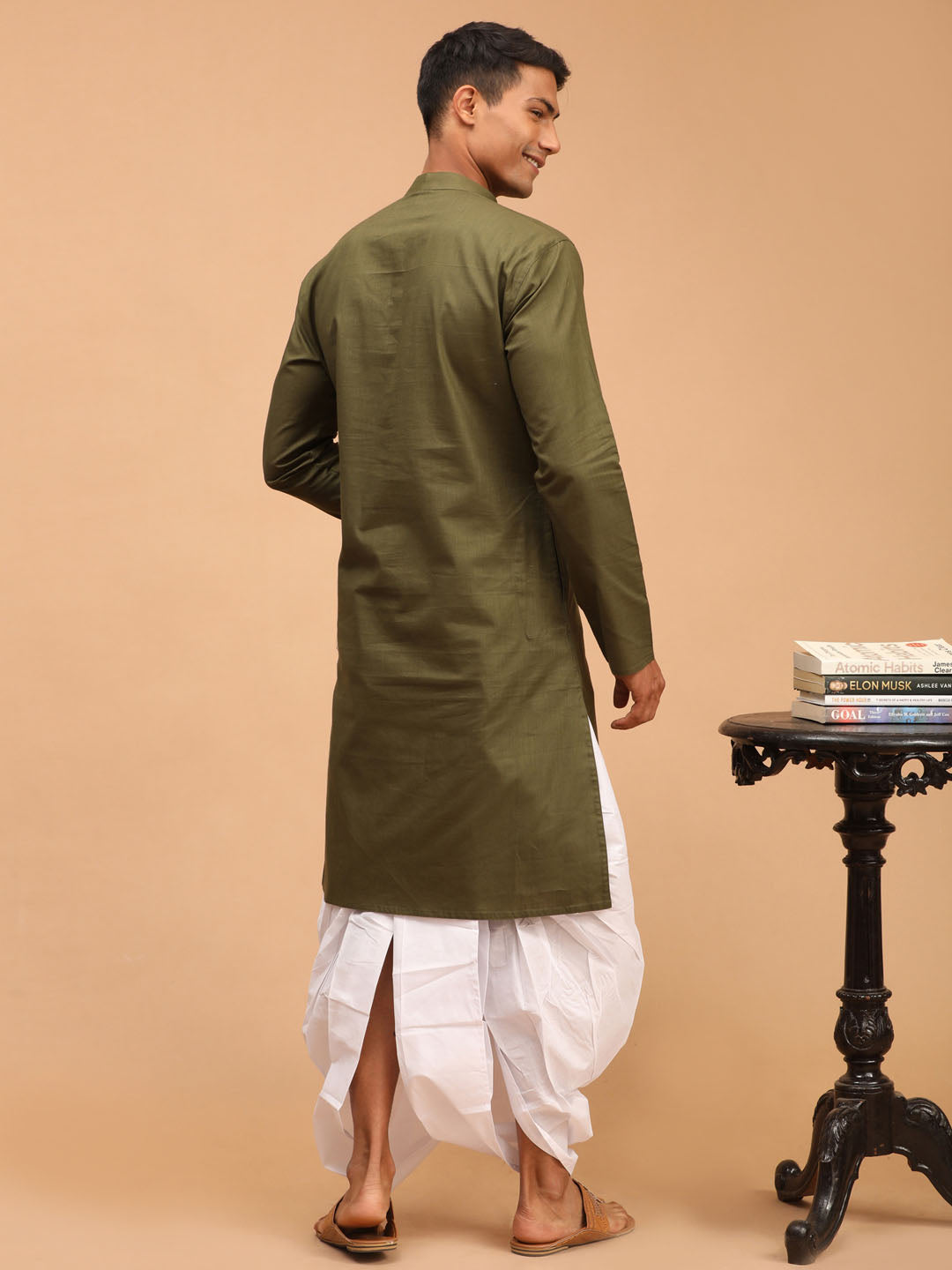 Sarvati Men's Mehdi Green Solid Cotton Blend Kurta And White Dhoti Set