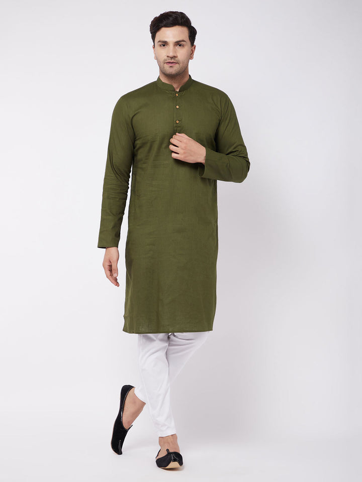 Sarvati Men's Mehendi Green Solid Cotton Blend Kurta And White Cotton Pant Set