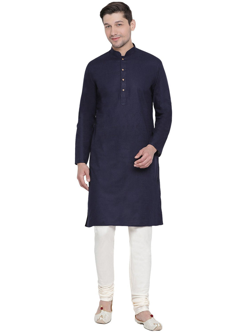 Sarvati Men's Dark Blue Cotton Kurta and Churidar Set