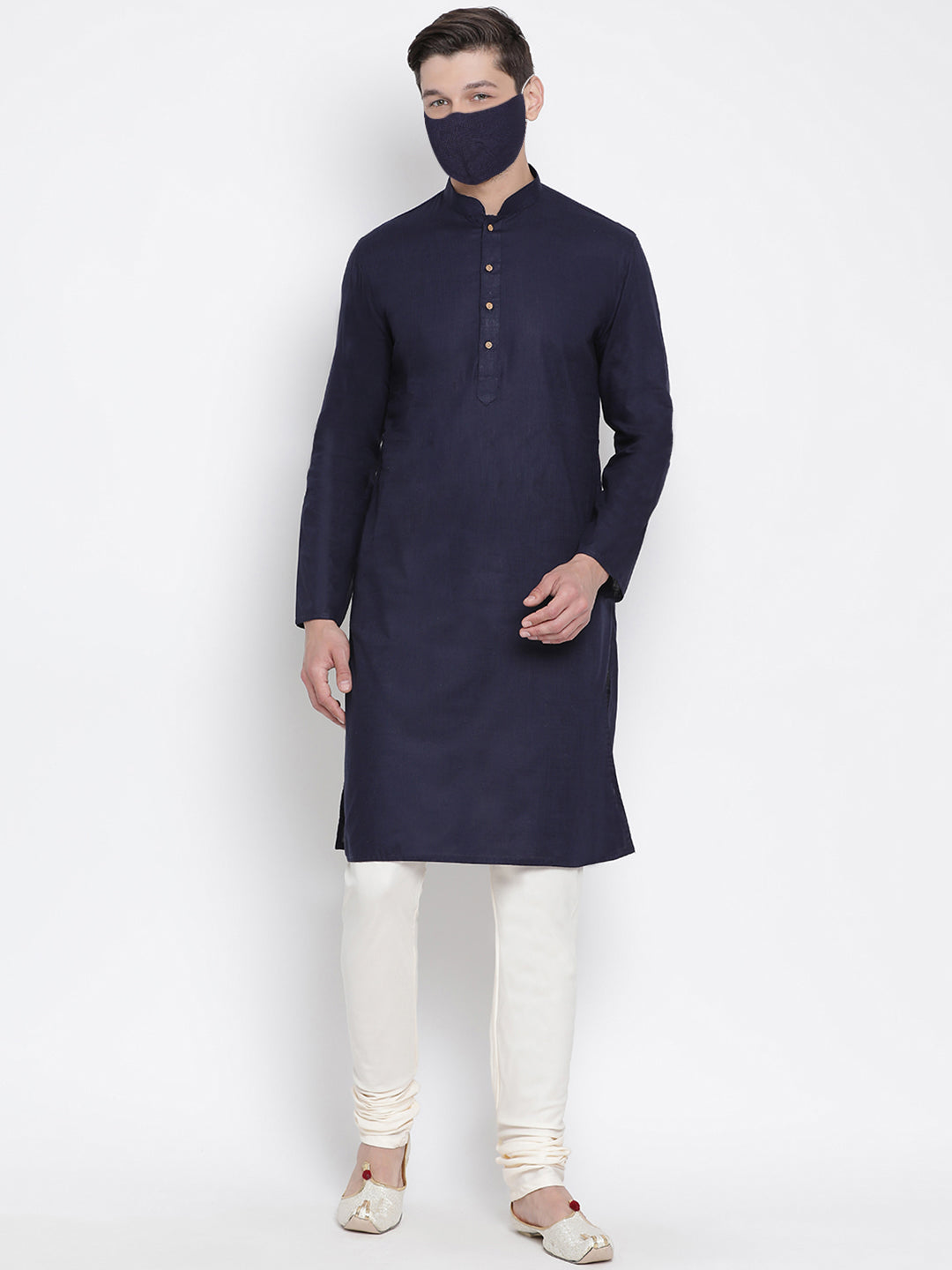 Sarvati Men's Dark Blue Cotton Kurta and Churidar Set