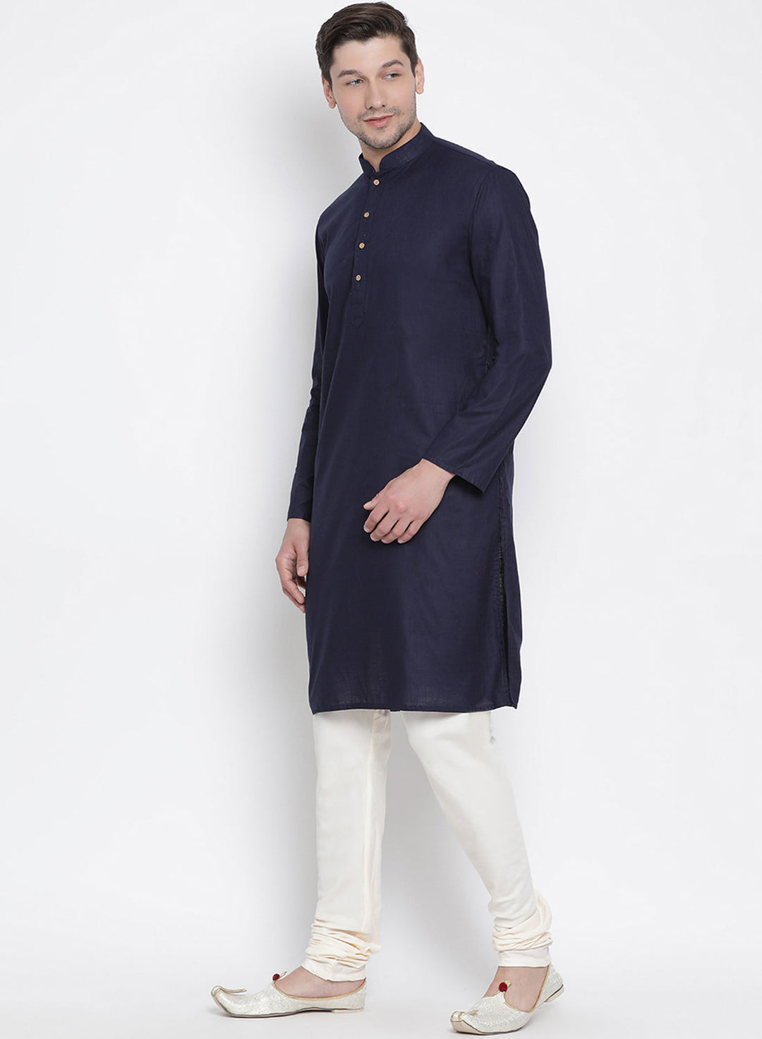 Sarvati Men's Dark Blue Cotton Kurta and Churidar Set