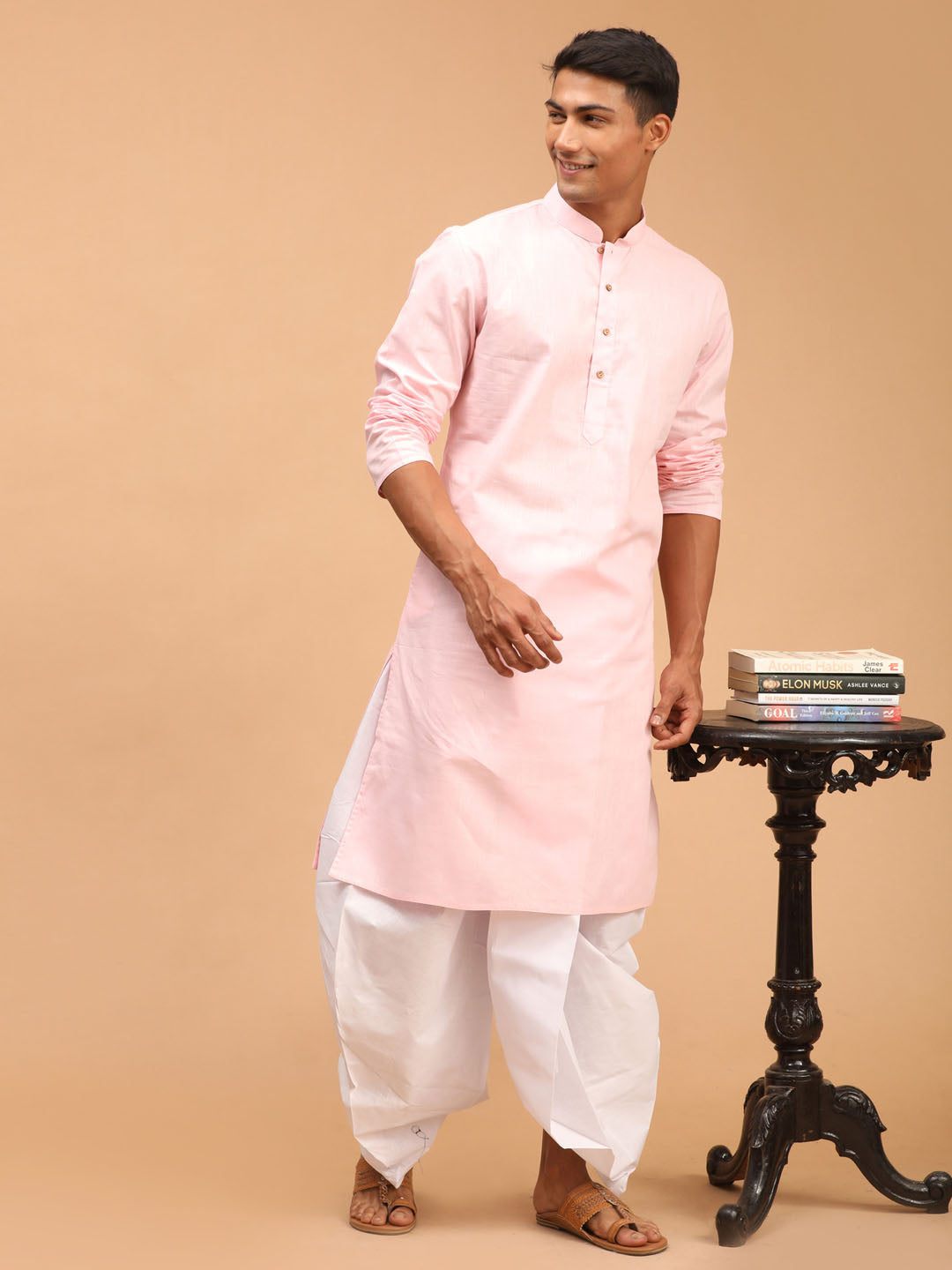 Sarvati Men's Pink Cotton Kurta and White Solid Dhoti Set