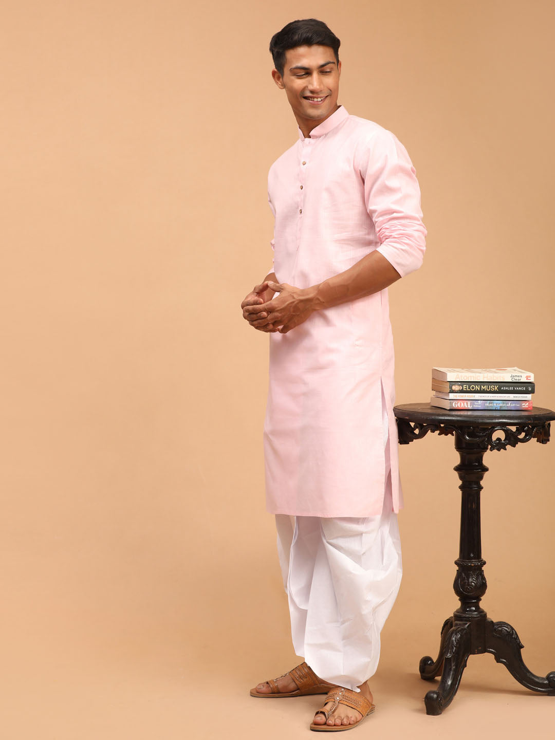 Sarvati Men's Pink Cotton Kurta and White Solid Dhoti Set