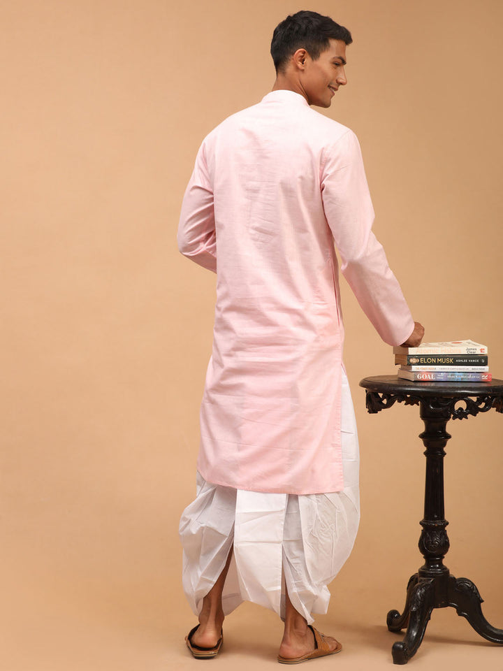 Sarvati Men's Pink Cotton Kurta and White Solid Dhoti Set