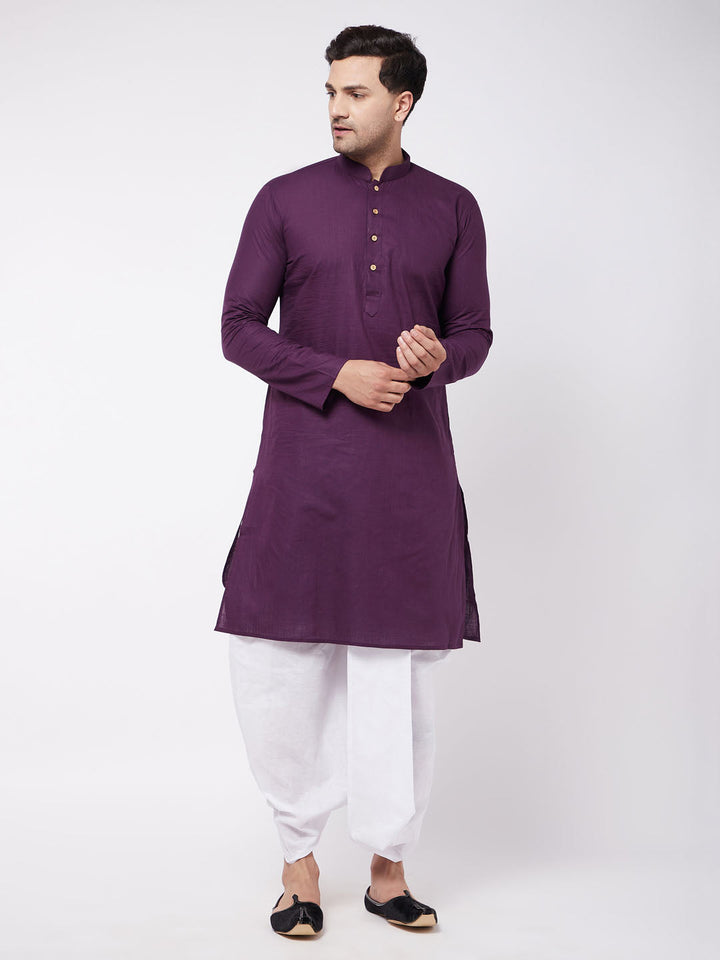 Sarvati Men's Purple And White Cotton Blend Kurta And Dhoti Set