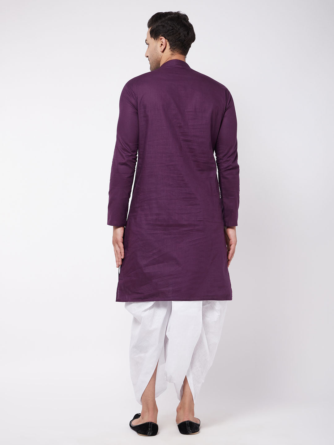 Sarvati Men's Purple And White Cotton Blend Kurta And Dhoti Set