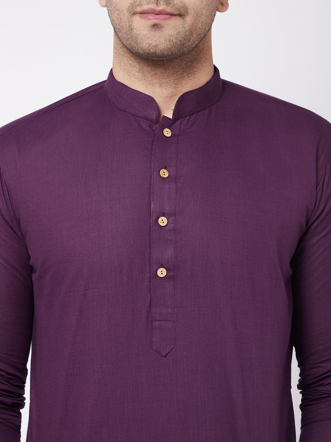 Sarvati Men's Purple  Solid Cotton Blend Kurta And White Pyjama Set