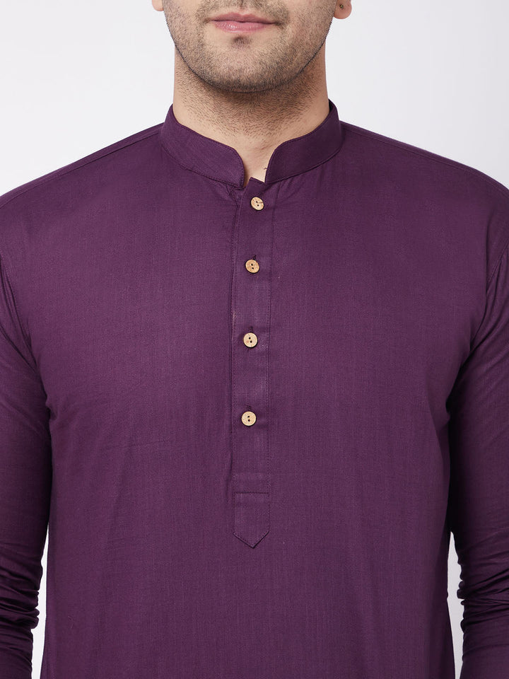 Sarvati Men's Purple  Solid Cotton Blend Kurta And White Pyjama Set