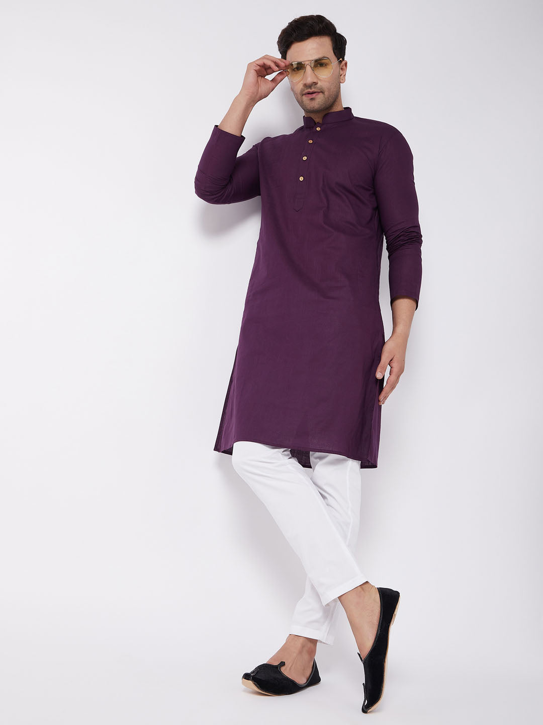 Sarvati Men's Purple  Solid Cotton Blend Kurta And White Pyjama Set