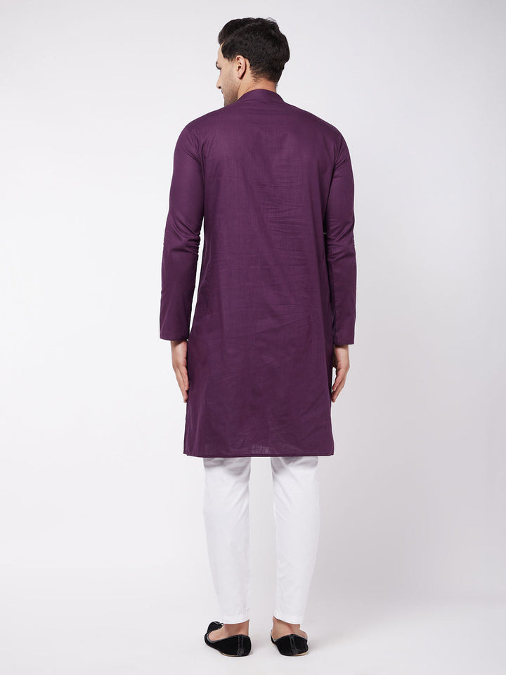 Sarvati Men's Purple Solid Cotton Blend Kurta And White Cotton Pant Set