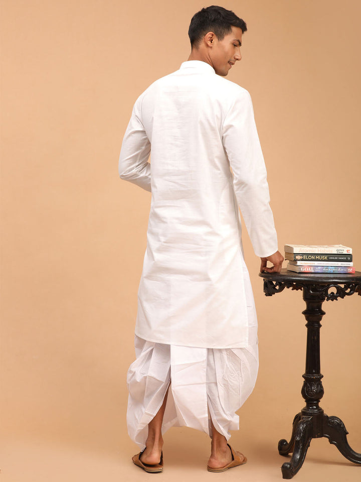 Sarvati Men's White Cotton Kurta With White Solid Dhoti Set