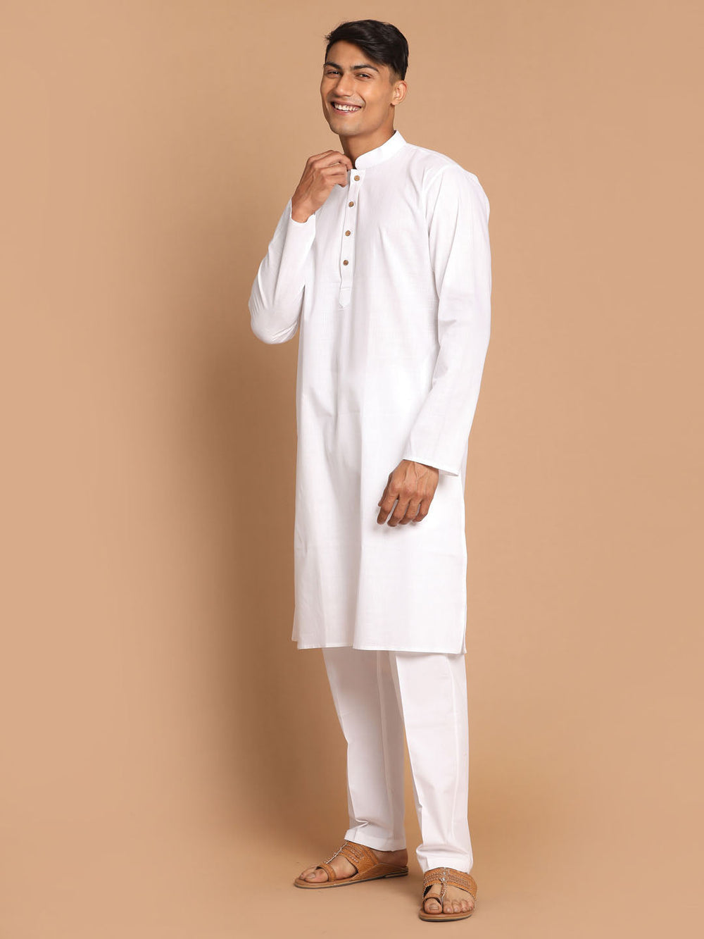 Men's White Cotton Kurta With White Cotton Pant Style Pyjama Set