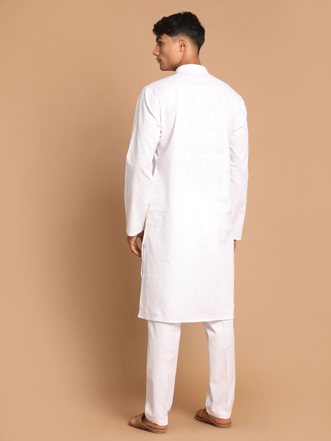 Men's White Cotton Kurta With White Cotton Pant Style Pyjama Set