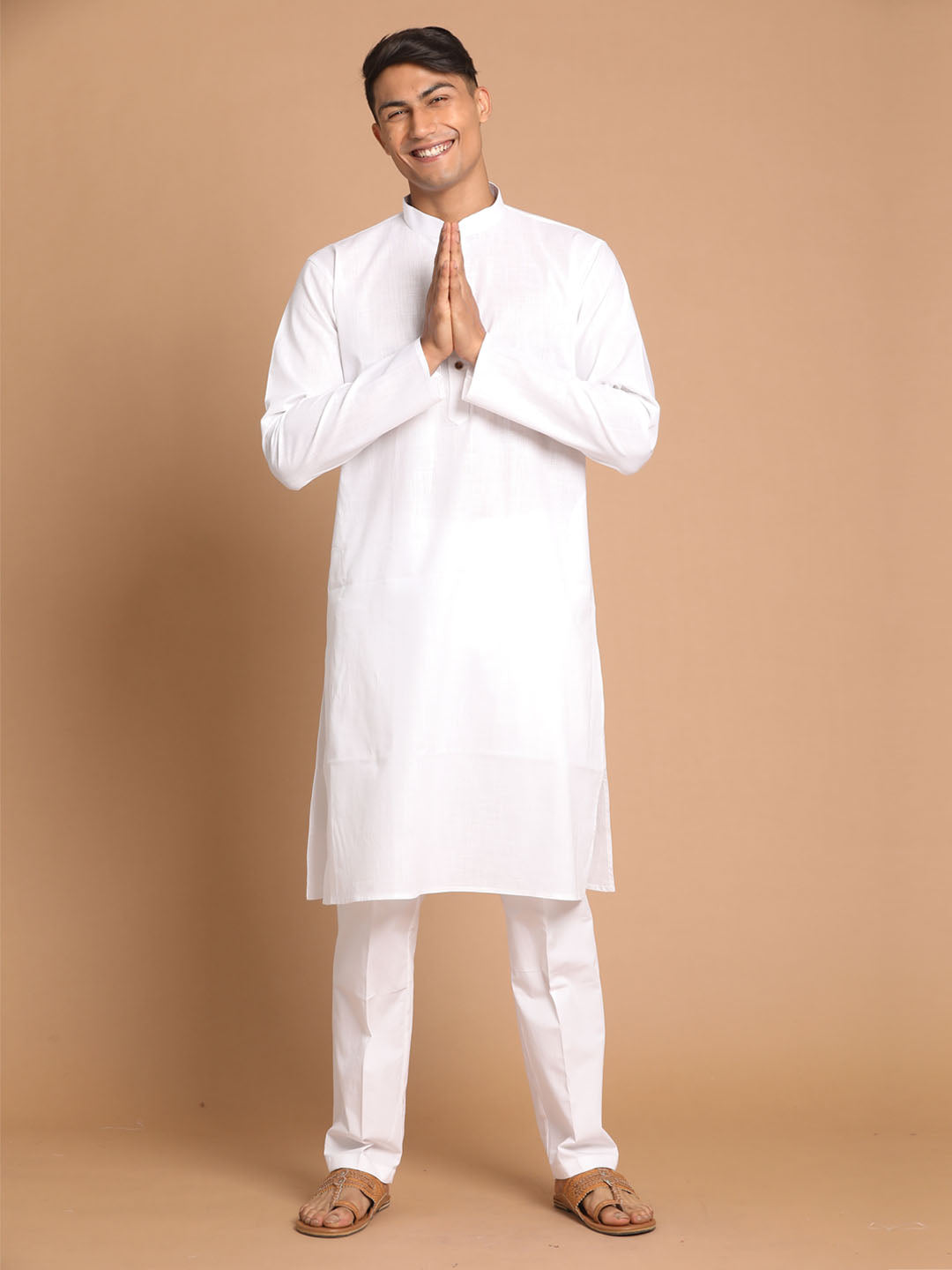 Sarvati Men's White Cotton Kurta With White Cotton Pant Style Pyjama Set