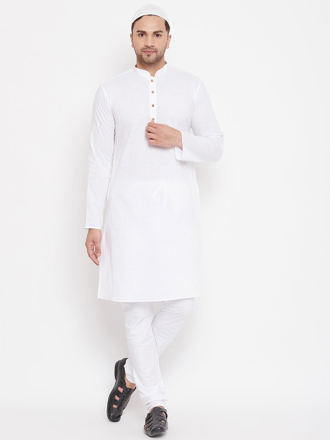 Sarvati Men's White Cotton Linen Blend Kurta Churidar Set