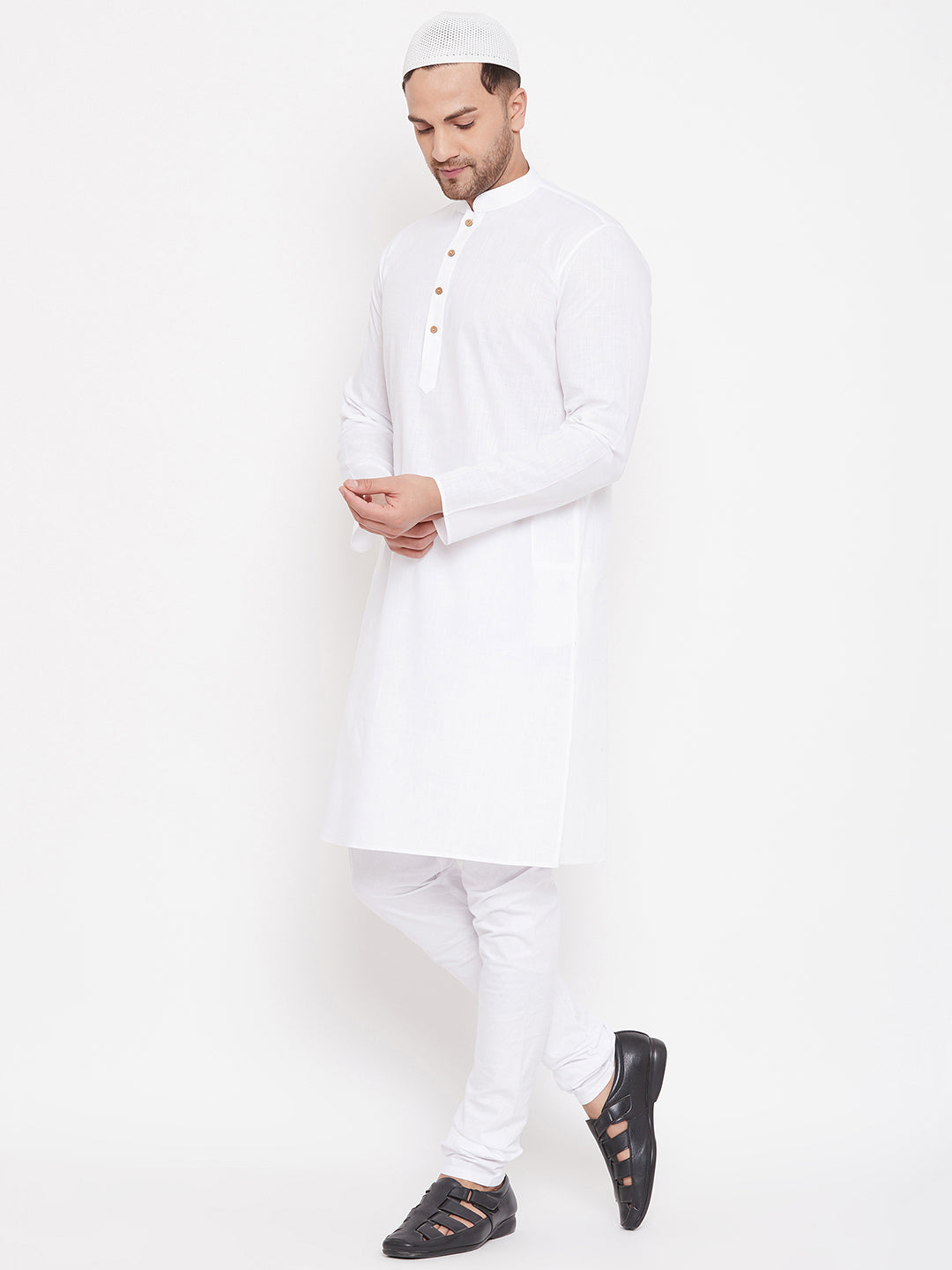 Sarvati Men's White Cotton Linen Blend Kurta Churidar Set