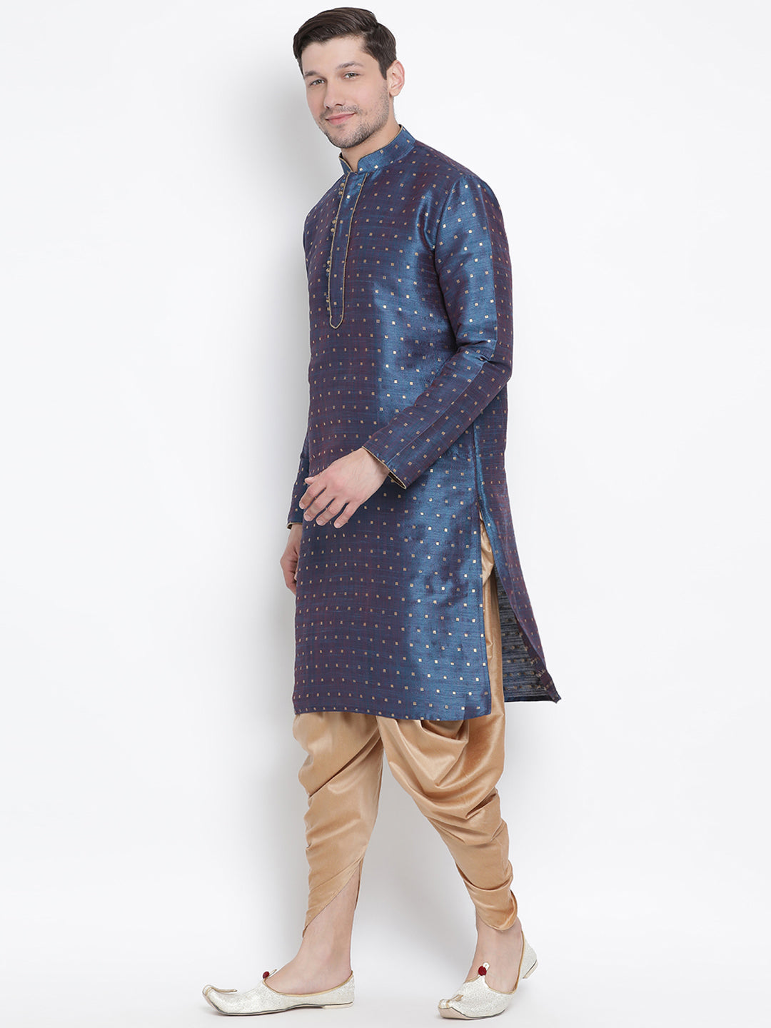 Sarvati Men's Blue Zari Weaved Kurta Dhoti Set