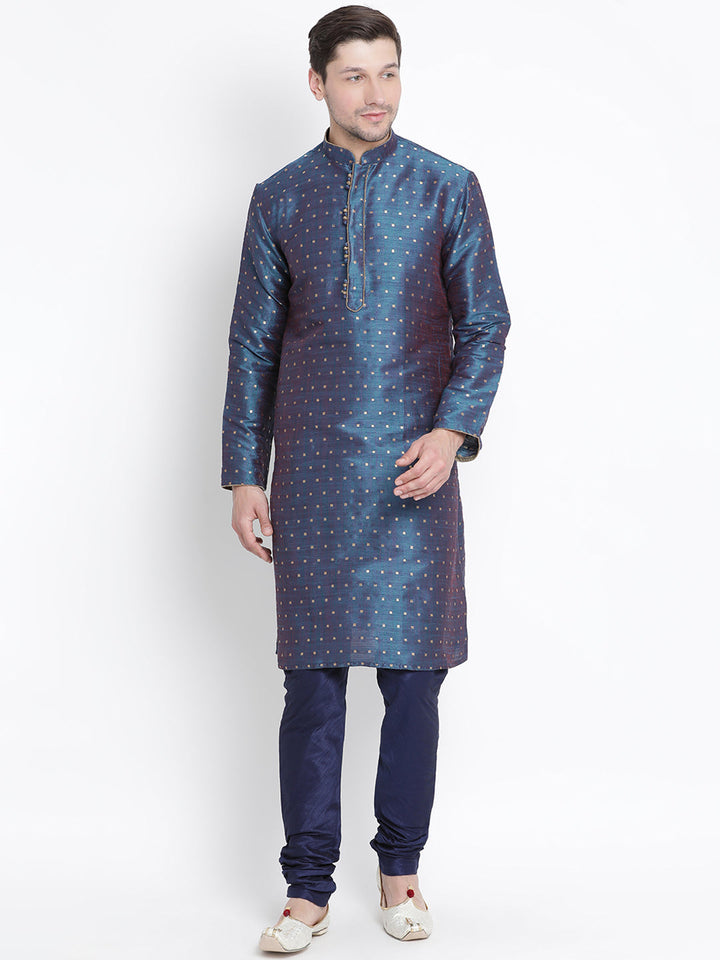 Sarvati Men's Blue Zari Weaved Kurta Pyjama Set