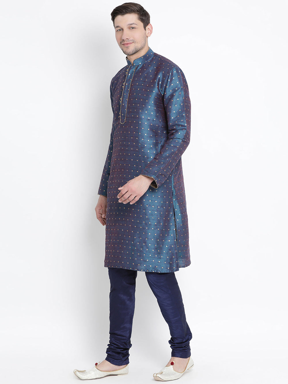 Sarvati Men's Blue Zari Weaved Kurta Pyjama Set