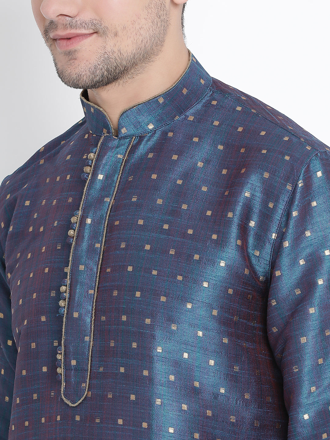 Sarvati Men's Blue Zari Weaved Kurta Pyjama Set