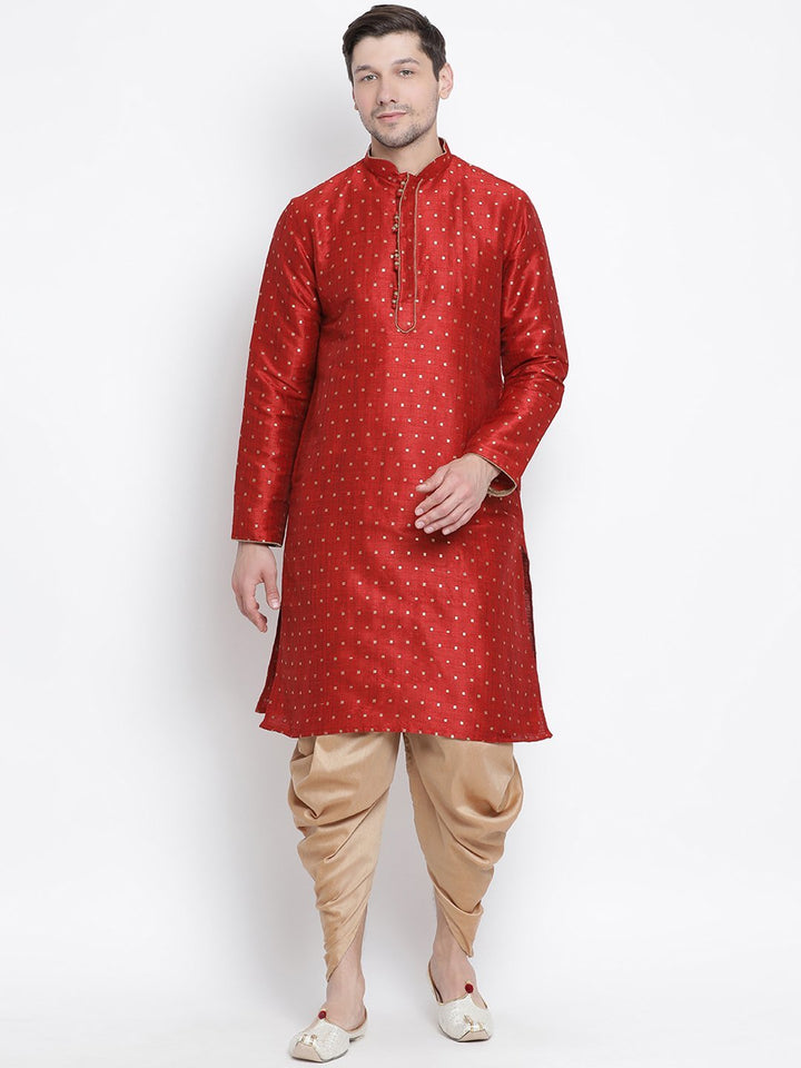 Sarvati Men's Maroon Zari Weaved Kurta Dhoti Set