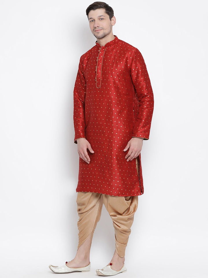 Sarvati Men's Maroon Zari Weaved Kurta Dhoti Set