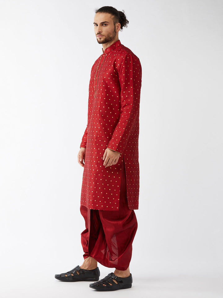 Sarvati Men's Maroon Zari Weaved Kurta Dhoti Set