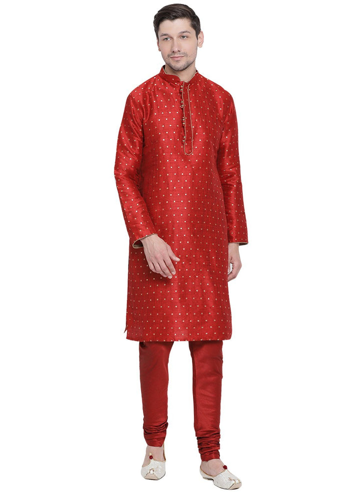 Sarvati Men's Maroon Zari Weaved Kurta Pyjama Set