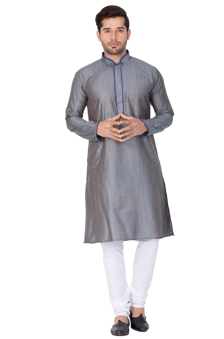 Sarvati Men's Grey Cotton Silk Blend Kurta and Pyjama Set