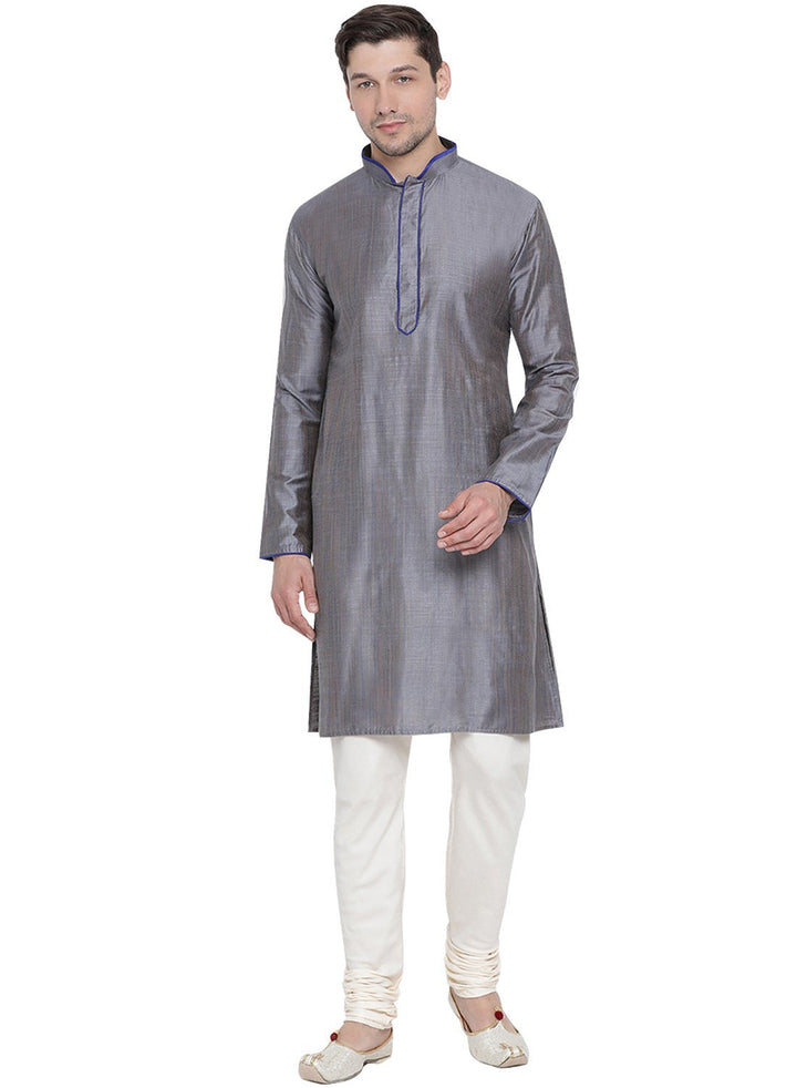 Sarvati Men's Grey Cotton Kurta and Pyjama Set