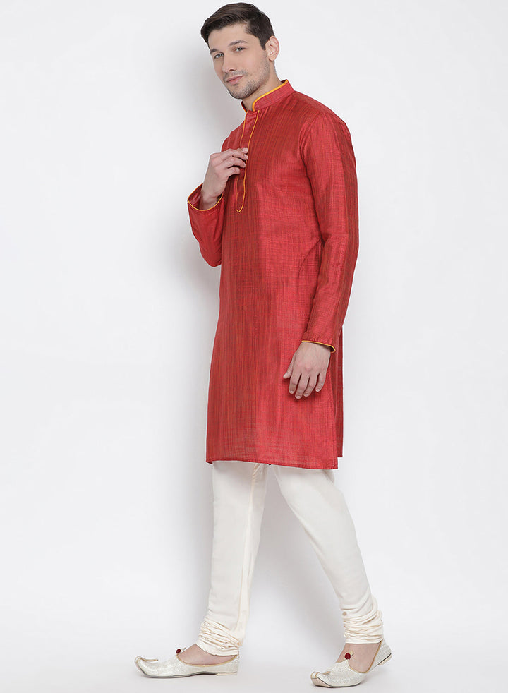 Sarvati Men's Maroon Cotton Kurta and Pyjama Set