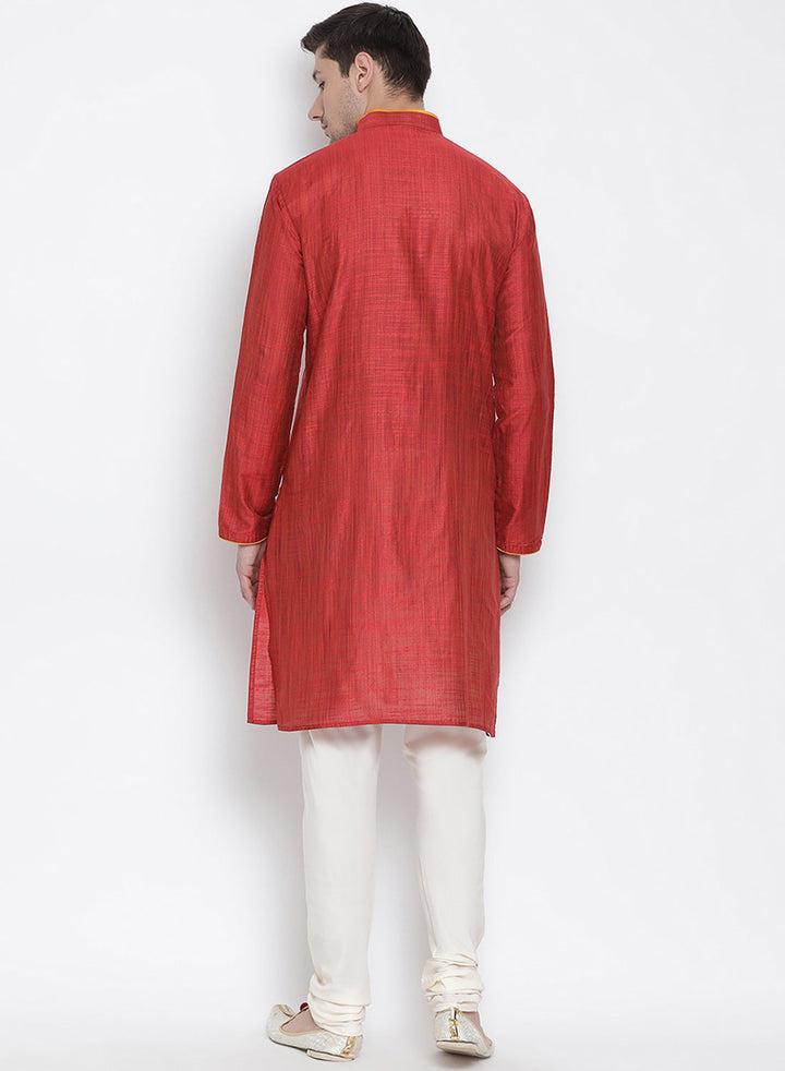 Sarvati Men's Maroon Cotton Kurta and Pyjama Set