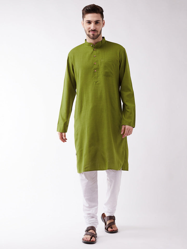 Sarvati Men's Mehendi Green And White Cotton Blend Kurta Pyjama Set