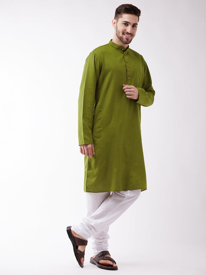 Sarvati Men's Mehendi Green And White Cotton Blend Kurta Pyjama Set