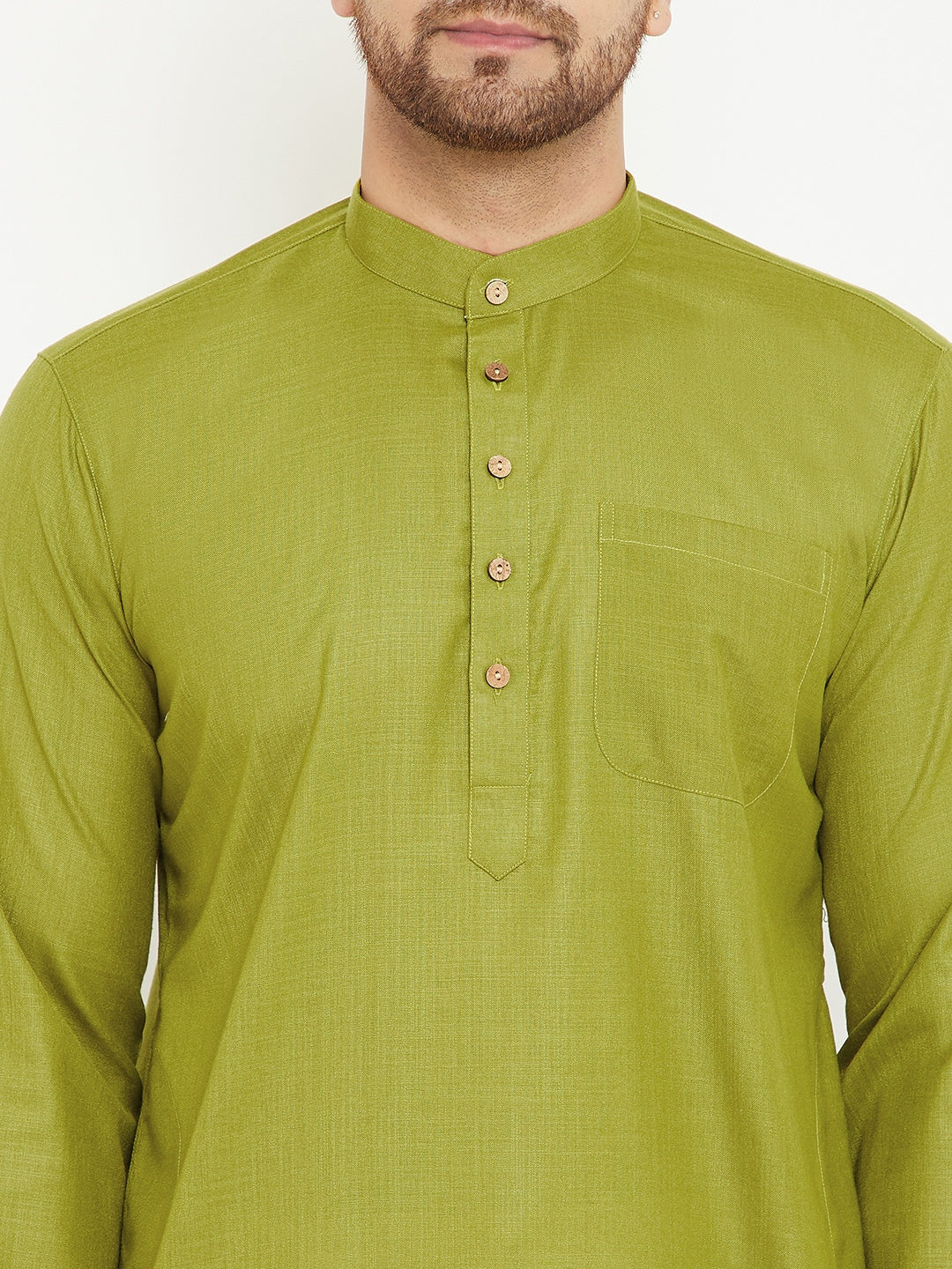 Sarvati Men's Mehendi Green And Cream Cotton Blend Kurta Pyjama Set