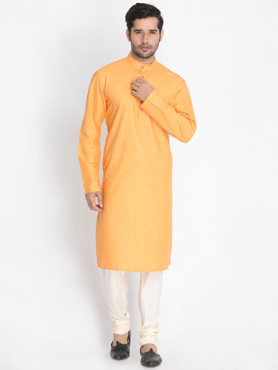 Sarvati Men's Orange Cotton Blend Kurta and Pyjama Set