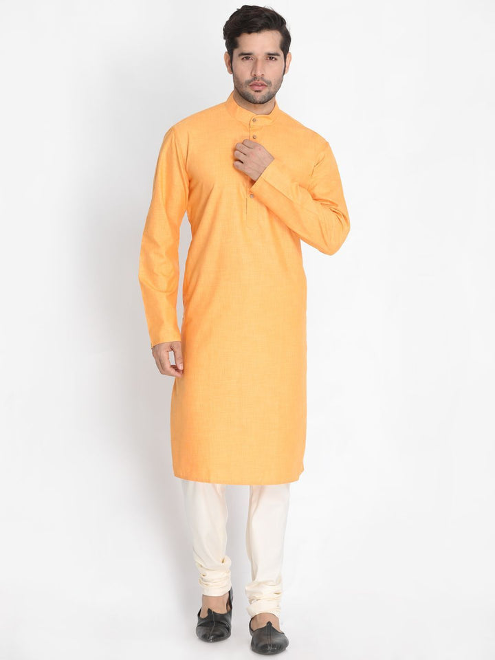 Sarvati Men's Orange Cotton Blend Kurta and Pyjama Set