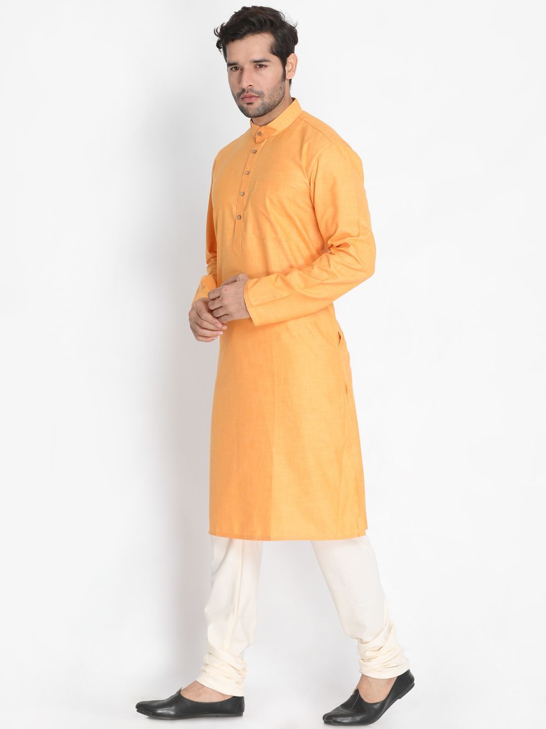 Sarvati Men's Orange Cotton Blend Kurta and Pyjama Set