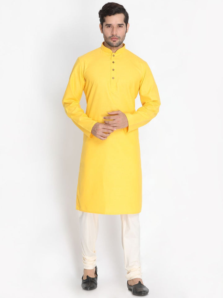 Sarvati Men's Yellow Cotton Blend Kurta and Pyjama Set