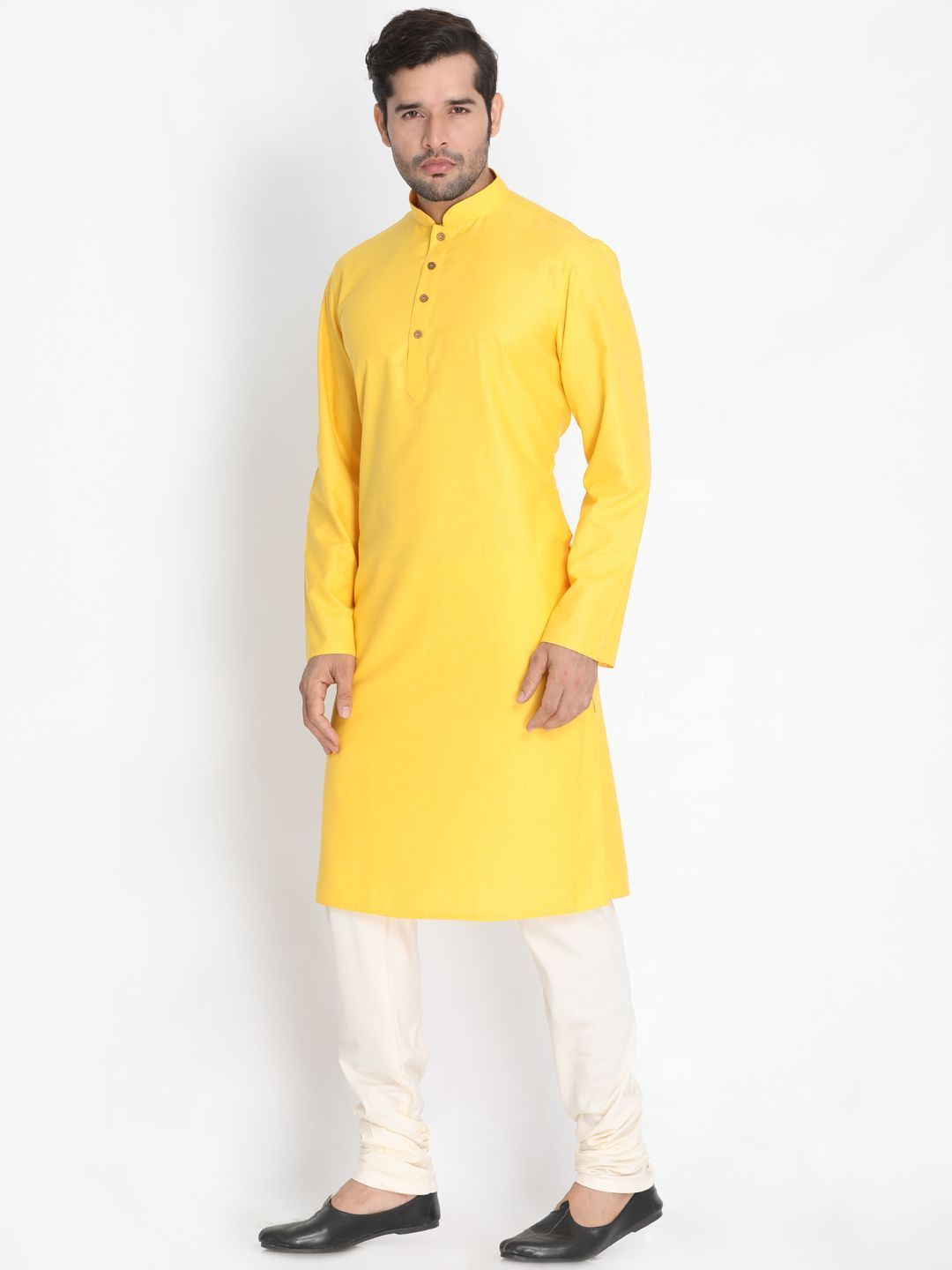 Sarvati Men's Yellow Cotton Blend Kurta and Pyjama Set