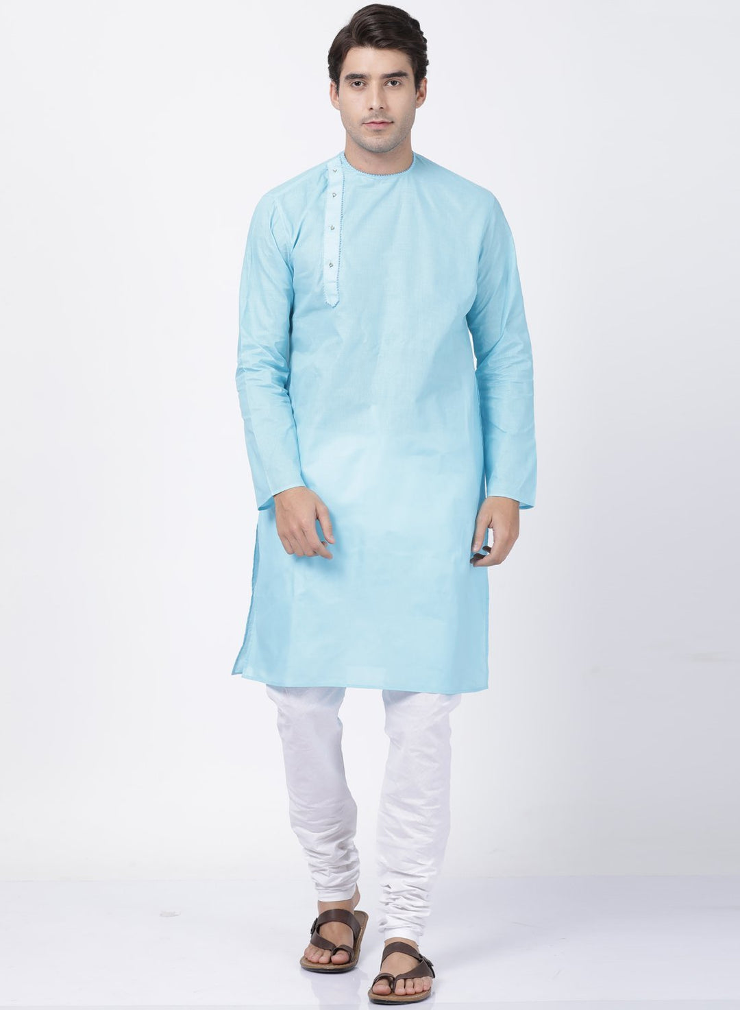 Sarvati Men's Light Blue Cotton Blend Kurta and Pyjama Set